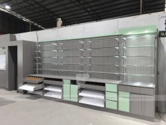 Green Accent Pharmacy Shelving and Checkout Fixture Set