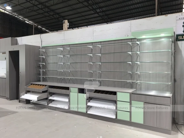 Green Accent Pharmacy Shelving and Checkout Fixture Set