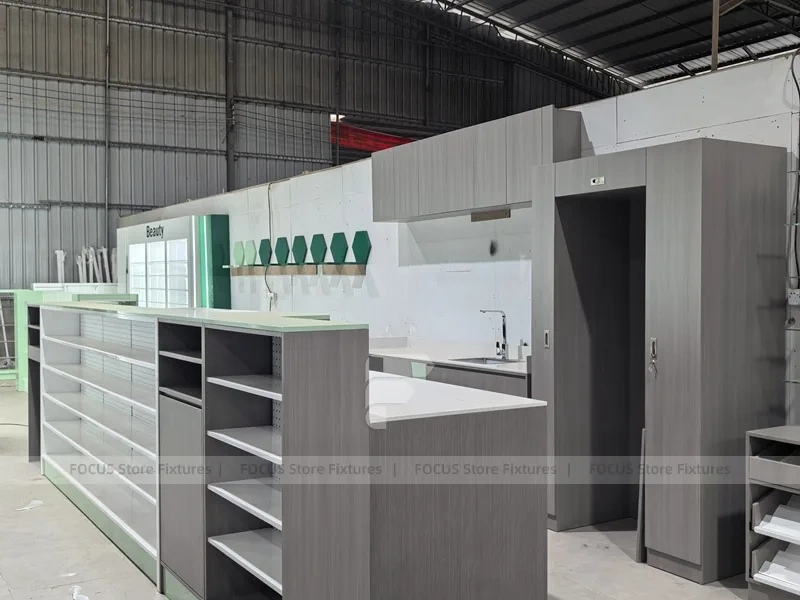 Green Accent Pharmacy Shelving and Checkout Fixture Set
