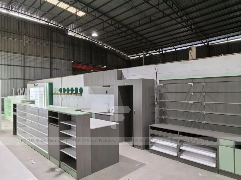 Green Accent Pharmacy Shelving and Checkout Fixture Set