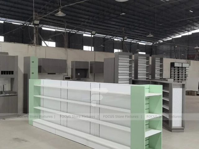 Green Accent Pharmacy Store Fixture Layout with Gondolas