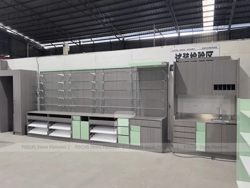 Green Accent Pharmacy Store Fixture Layout with Gondolas