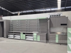 Green Accent Pharmacy Store Fixture Layout with Gondolas