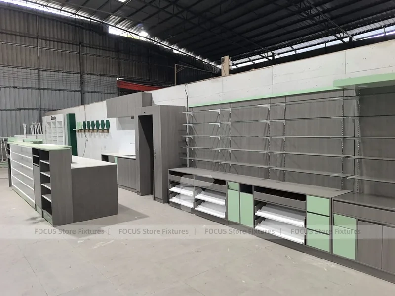 Green Accent Pharmacy Store Fixture Layout with Gondolas