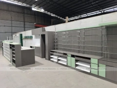 Green Accent Pharmacy Store Fixture Layout with Gondolas