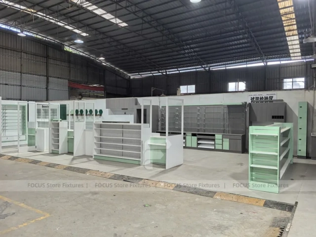 Green Accent Pharmacy Store Fixture Layout with Gondolas