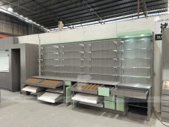 Green Accent Pharmacy Wall Shelving with Bench Displays