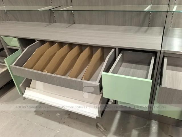 Green Accent Pharmacy Wall Shelving with Bench Displays