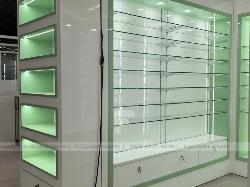 Green Backlit Pharmacy Wall Shelving Fixture