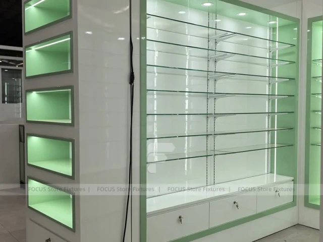 Green Backlit Pharmacy Wall Shelving Fixture