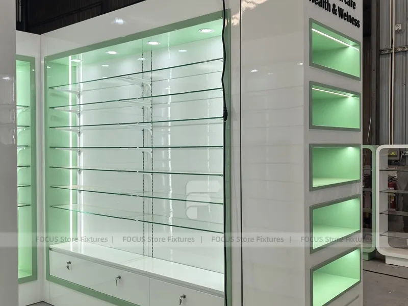 Green Backlit Pharmacy Wall Shelving Fixture