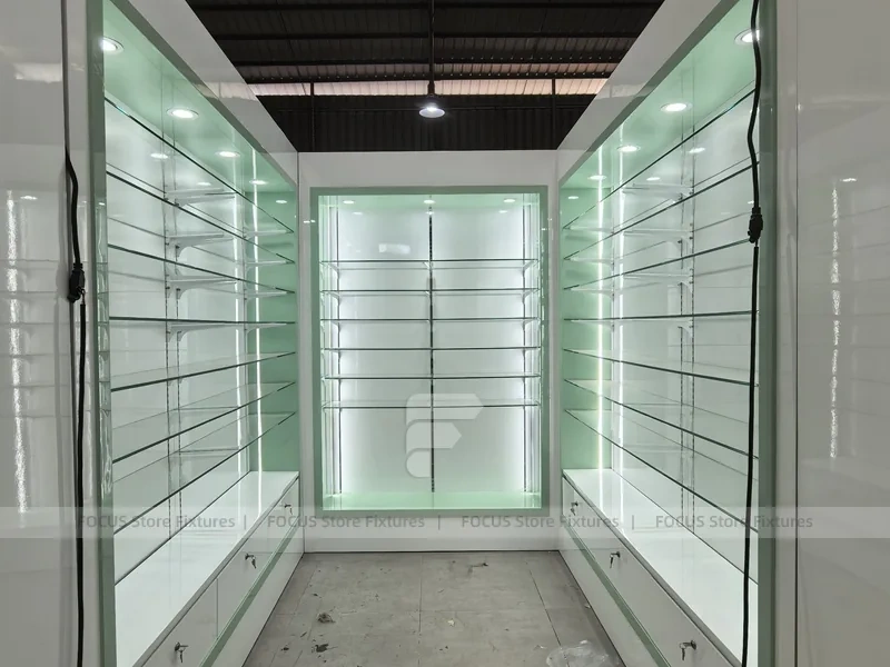 Green Backlit Pharmacy Wall Shelving Fixture