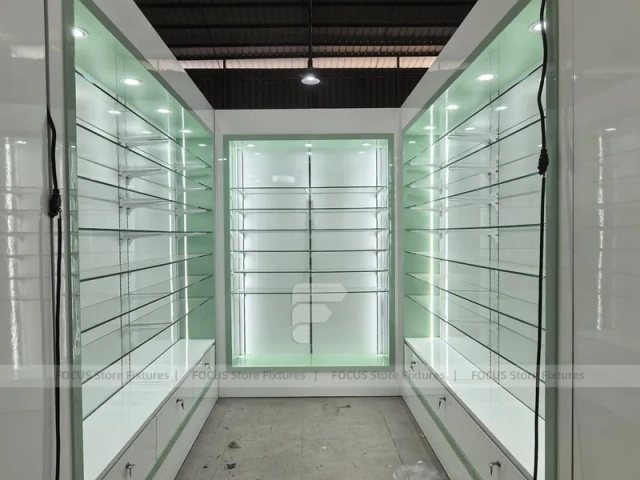 Green Backlit Pharmacy Wall Shelving Fixture