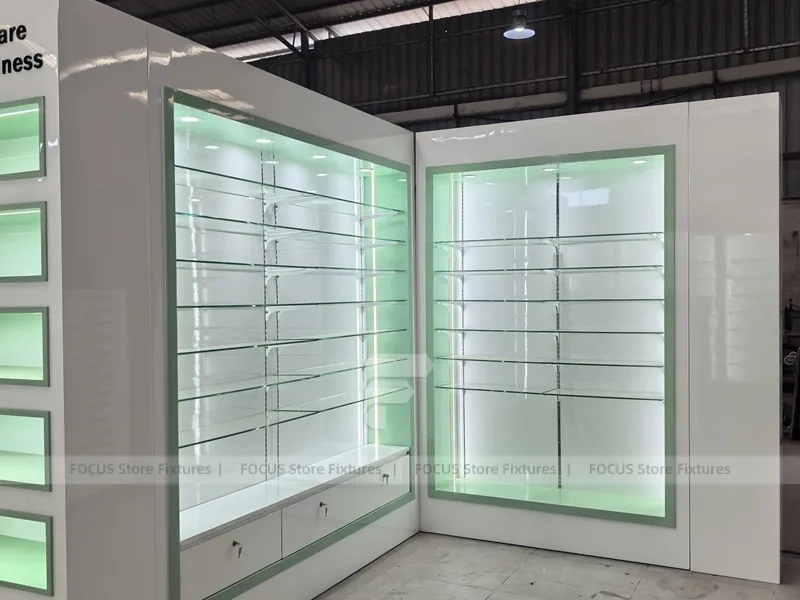 Green Backlit Pharmacy Wall Shelving Fixture