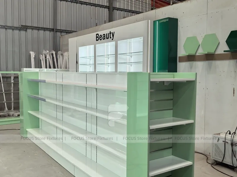 Green Backlit Pharmacy Wall Shelving Fixture