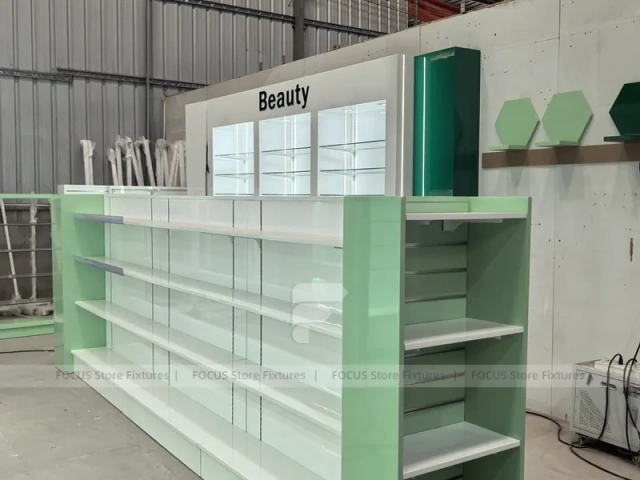 Green Backlit Pharmacy Wall Shelving Fixture