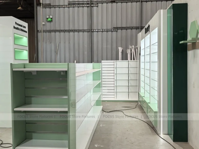 Green Backlit Pharmacy Wall Shelving Fixture