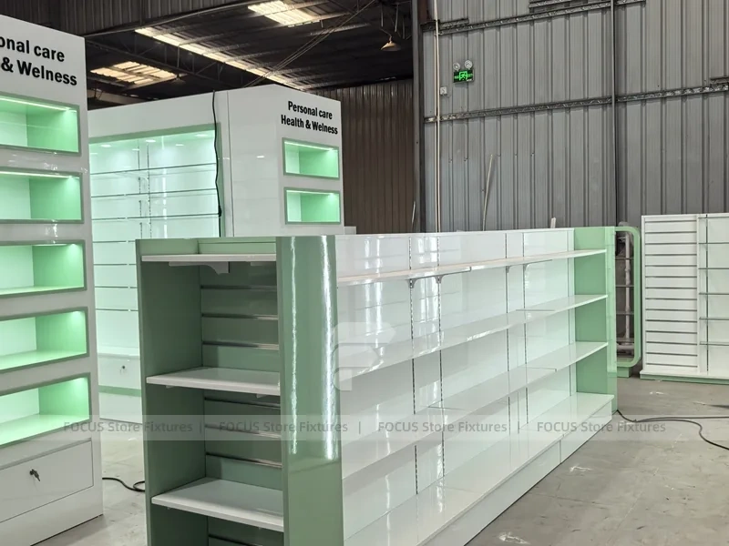 Green Backlit Pharmacy Wall Shelving Fixture