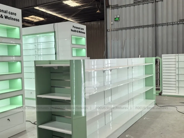 Green Backlit Pharmacy Wall Shelving Fixture