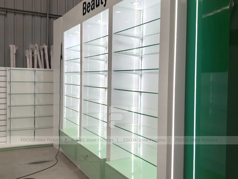 Green Backlit Pharmacy Wall Shelving Fixture