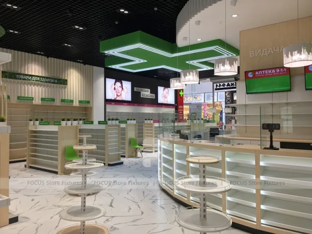 Green Cross Pharmacy Checkout and Wall Shelving Interior