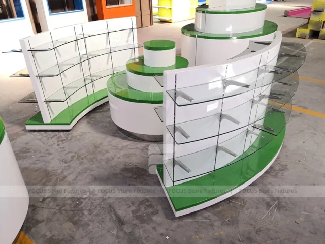 Green Curved Pharmacy Counter and Gondola Fixture Set