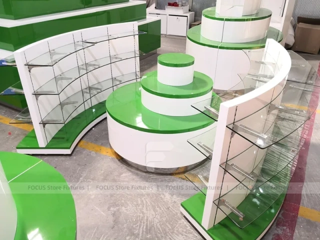 Green Curved Pharmacy Counter and Gondola Fixture Set