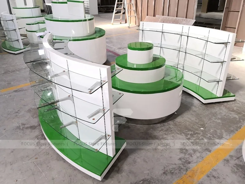 Green Curved Pharmacy Counter and Gondola Fixture Set