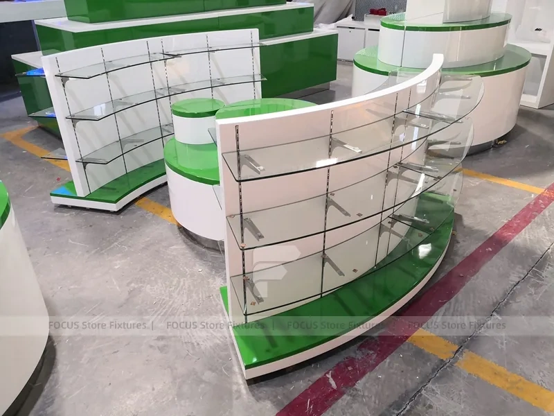 Green Curved Pharmacy Counter and Gondola Fixture Set