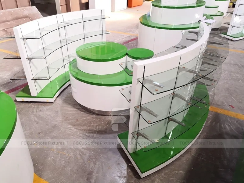 Green Curved Pharmacy Counter and Gondola Fixture Set