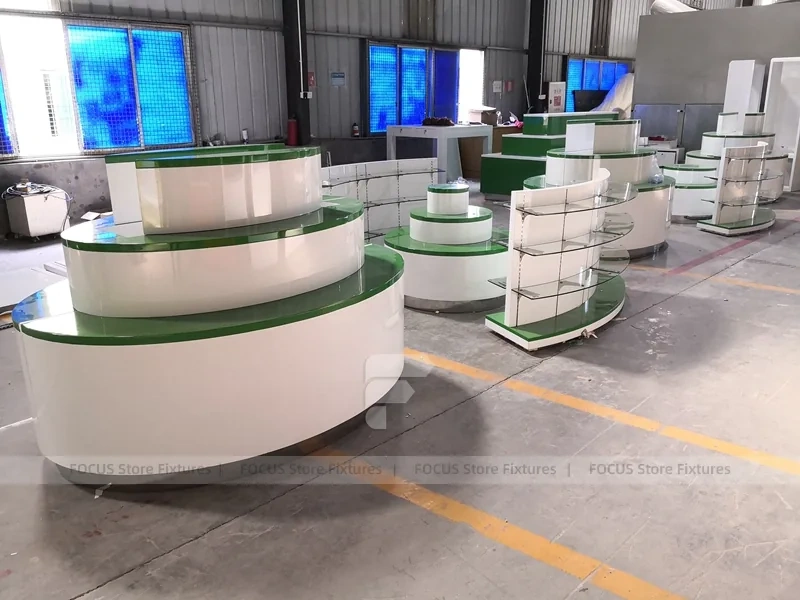 Green Curved Pharmacy Counter and Gondola Fixture Set