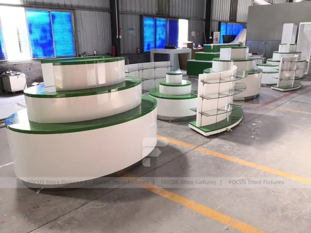 Green Curved Pharmacy Counter and Gondola Fixture Set