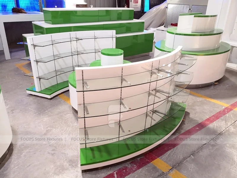 Green Curved Pharmacy Counter and Gondola Fixture Set