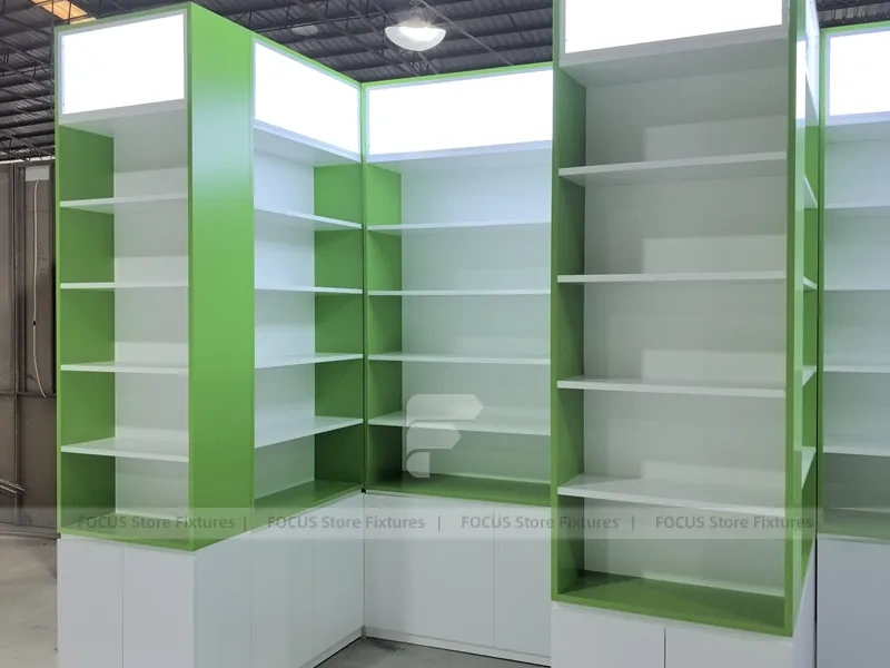 Green Framed Pharmacy Wall Shelving Fixture