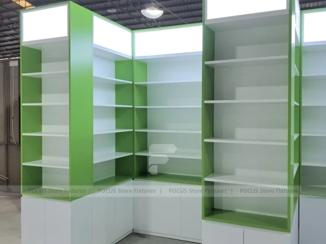 Green Framed Pharmacy Wall Shelving Fixture