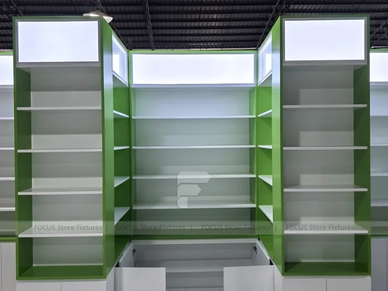 Green Framed Pharmacy Wall Shelving Fixture