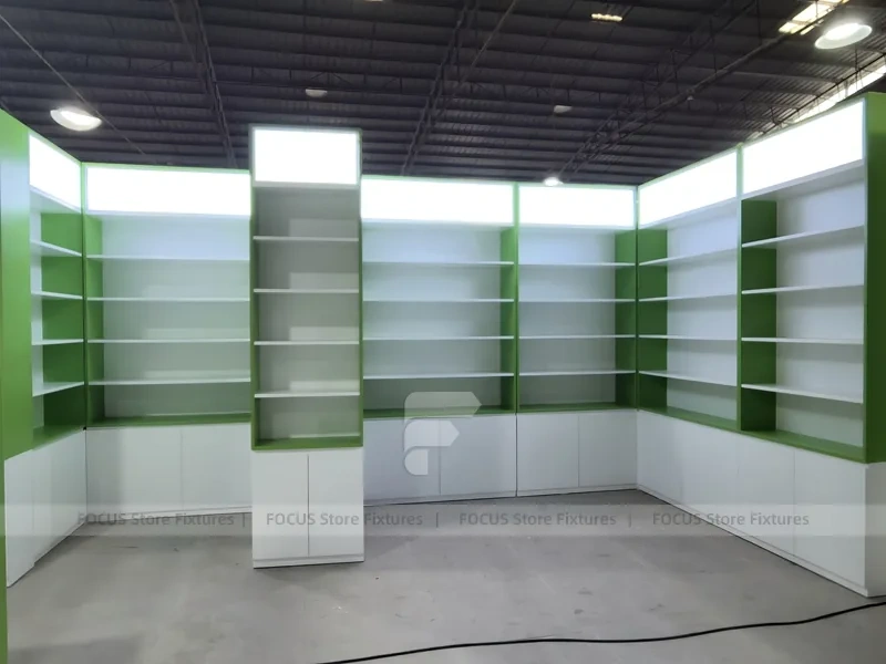 Green Framed Pharmacy Wall Shelving Fixture