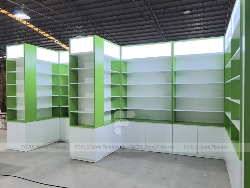 Green Framed Pharmacy Wall Shelving Fixture