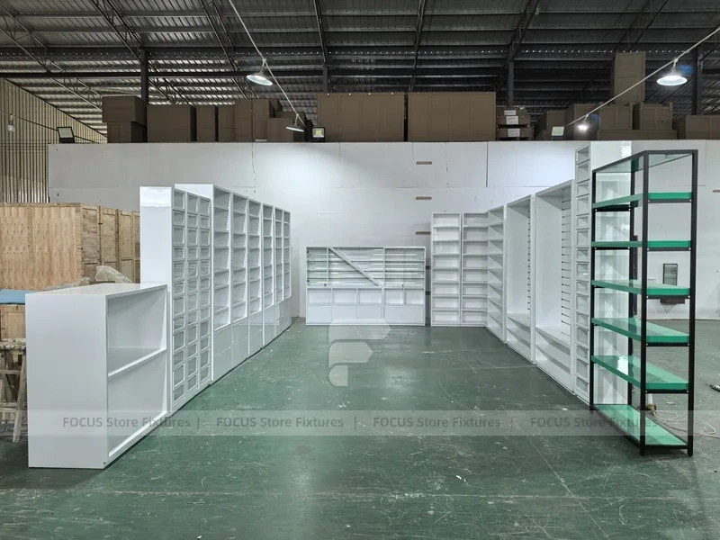 Green Glass Pharmacy Wall Shelving and Gondola Fixture Set