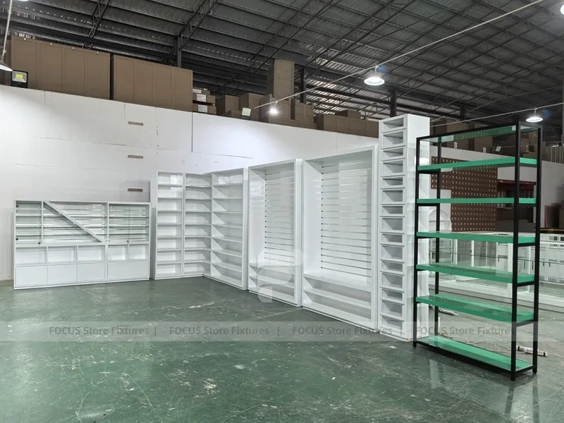 Green Glass Pharmacy Wall Shelving and Gondola Fixture Set