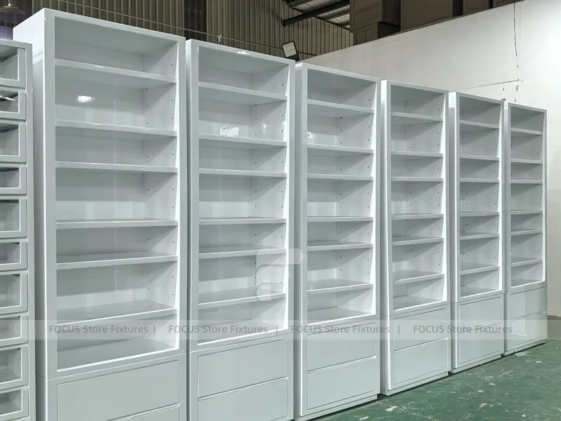 Green Glass Pharmacy Wall Shelving and Gondola Fixture Set
