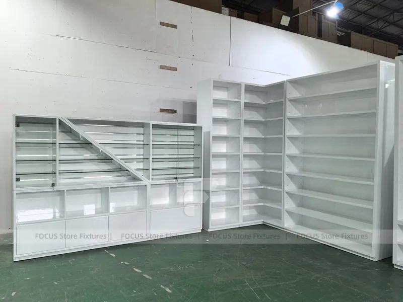 Green Glass Pharmacy Wall Shelving and Gondola Fixture Set