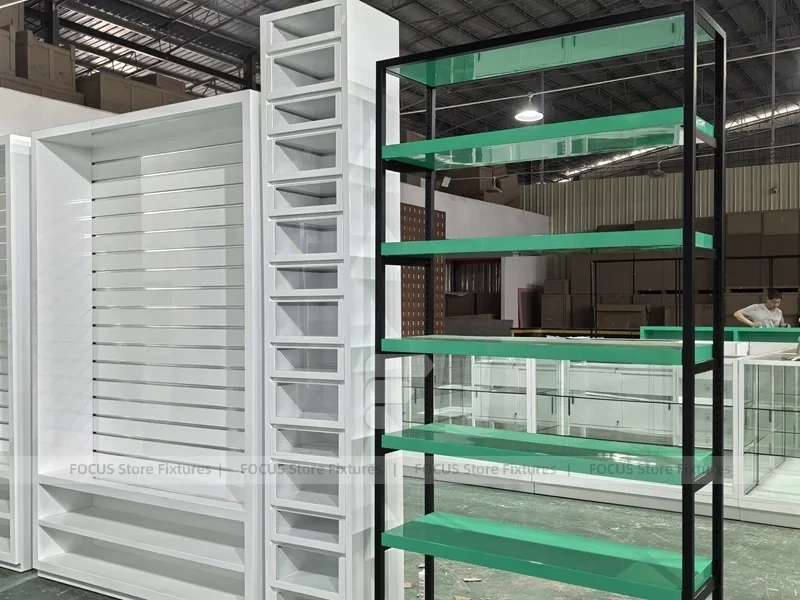 Green Glass Pharmacy Wall Shelving and Gondola Fixture Set