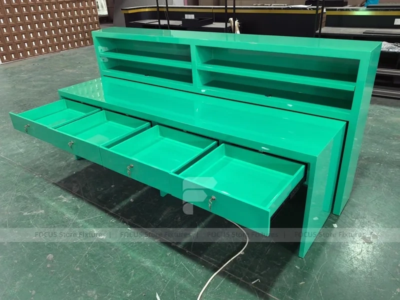 Green Glass Pharmacy Wall Shelving and Gondola Fixture Set