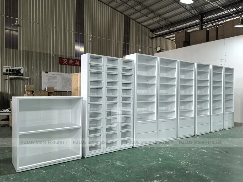 Green Glass Pharmacy Wall Shelving and Gondola Fixture Set