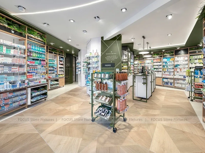 Green Gray Pharmacy Wall Shelving and Checkout Aisles