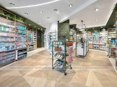 Green Gray Pharmacy Wall Shelving and Checkout Aisles
