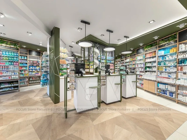 Green Gray Pharmacy Wall Shelving and Checkout Aisles