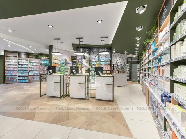 Green Gray Pharmacy Wall Shelving and Checkout Aisles