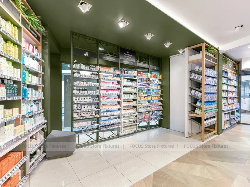 Green Gray Pharmacy Wall Shelving and Checkout Aisles